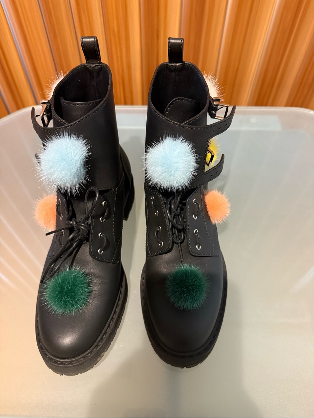 Fendi Black Leather Combat Boots with Blue, Peach and Green Pom-Poms - Picture 1 of 7